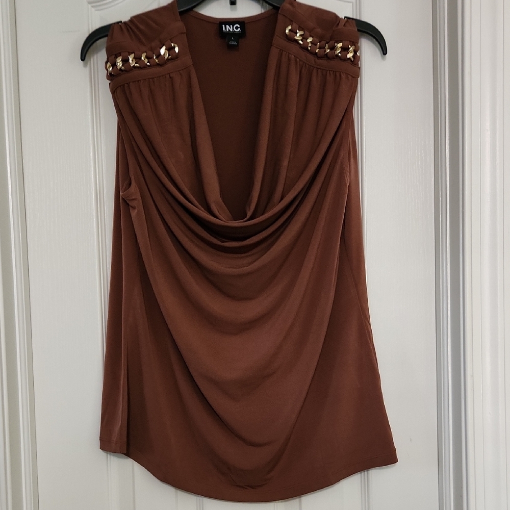 INC International Concepts Brown Embellished Draped Blouse